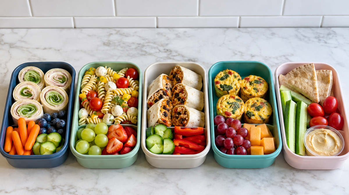 Five school lunch boxes arranged for a weekly meal plan with wraps, pasta salad, eggs, hummus, fruit, and vegetables