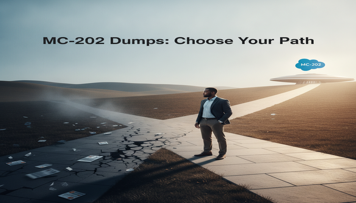 MC-202 Dumps: Choose Your Path A determined professional stands at a fork in a path. One crumbling, shadowy path represents MC-202 exam dumps leading to a dead end, while a bright, ascending path leads to a glowing Salesforce MC-202 certification badge, symbolizing the choice between shortcuts and genuine study. Text overlay reads: MC-202 Dumps: Choose Your Path.