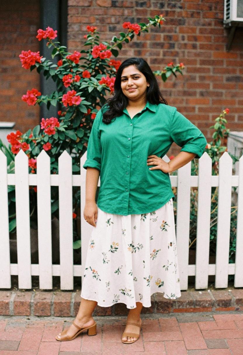 Emerald green button-down tucked into floral midi skirt, spring office or patio outfit for plus size women