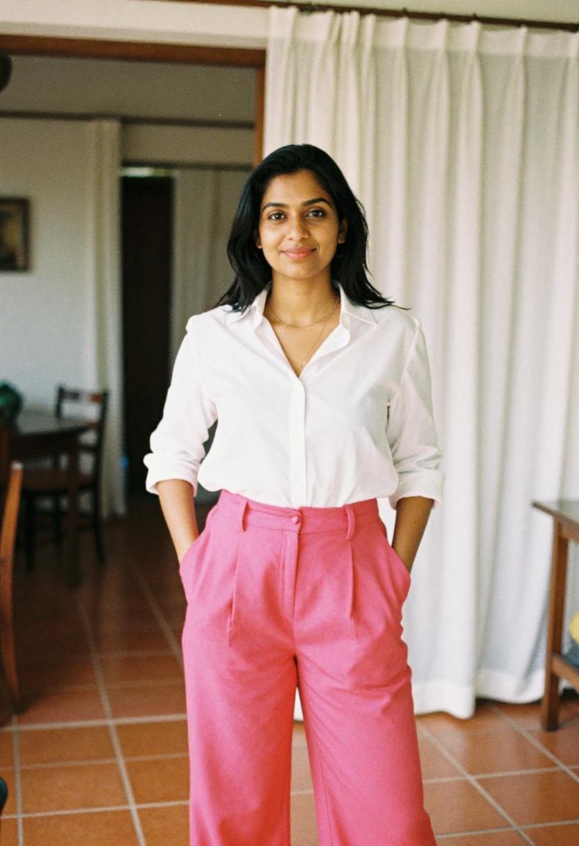 Fuchsia wide-leg trousers with white shirt for cooking class date night