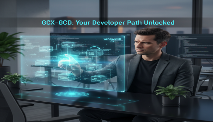 GCX-GCD: Your Developer Path Unlocked A professional developer looking intently at a glowing holographic architectural blueprint of the Genesys Cloud CX platform, symbolizing a clear study roadmap. The image prominently features the text 'GCX-GCD: Your Developer Path Unlocked'.