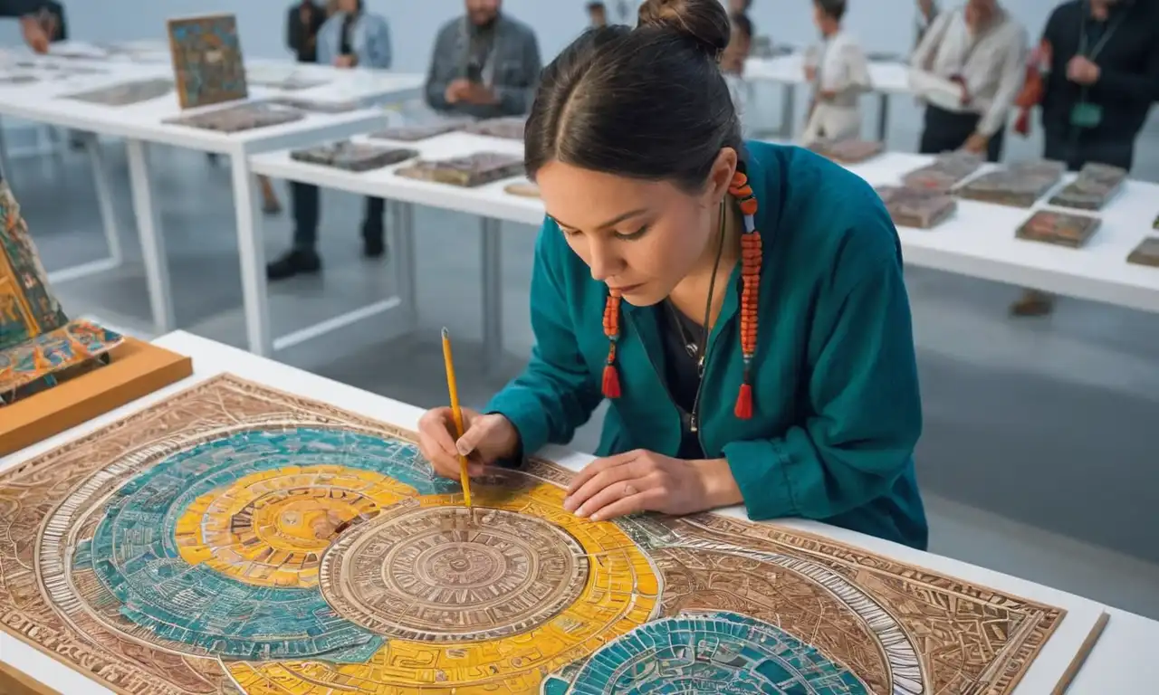 Antropólogo que estudia una pieza de arte en un contexto cultural.