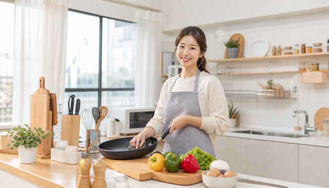 초보 요리사를 위한 깔끔하게 정리된 주방 도구 세트, 밝은 자연광 속 따뜻한 한국 주방