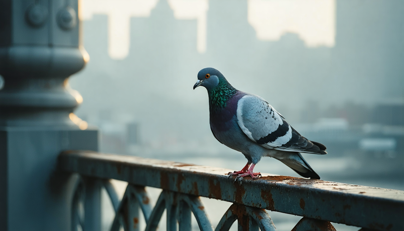 A pigeon mid-hop on a weathered iron railing, with soft morning light revealing rust patterns on the metal.
