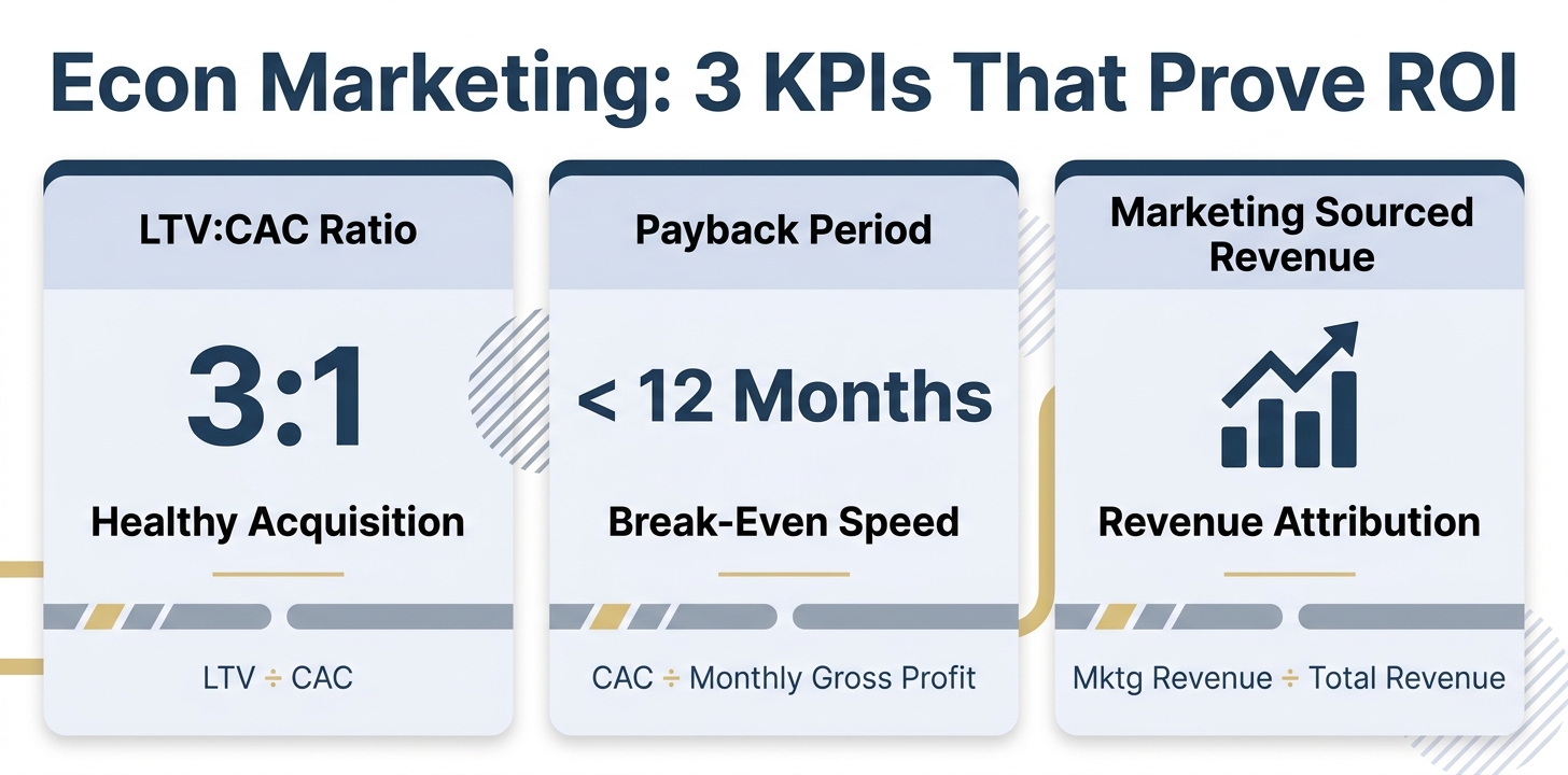 Econ marketing KPI dashboard showing three key ROI metrics: LTV:CAC Ratio, Marketing Payback Period, and Marketing Sourced Revenue