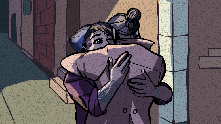 Harry and Louis hugging outside his apartment on 86th Street at night.