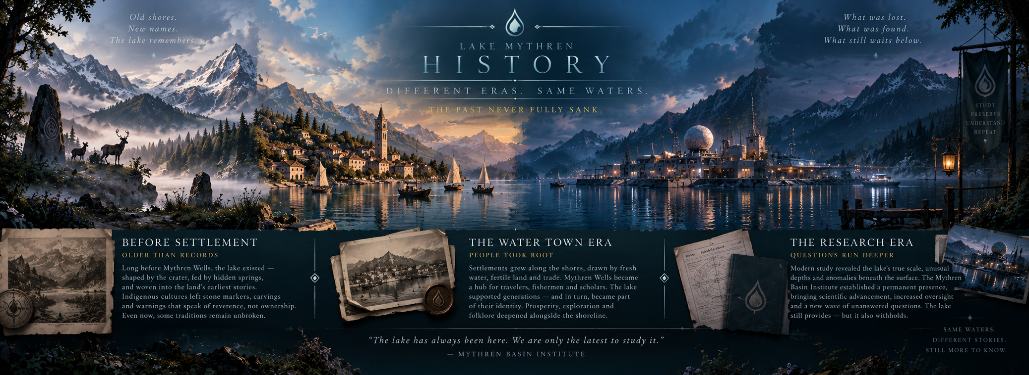Lake Mythren depicted across its pre-settlement, water-town and modern research eras.