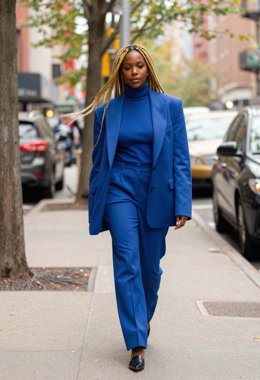 Cobalt blue turtleneck and matching cobalt blazer creating a monochrome power look for spring city professionals