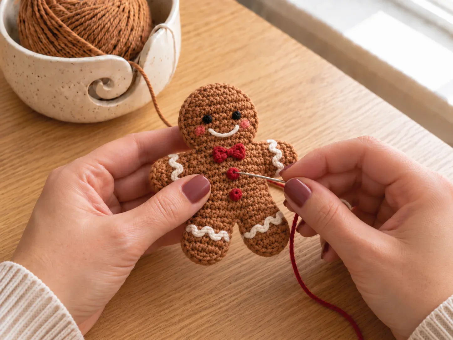 Add buttons — Add two tiny contrasting buttons or stitched dots.