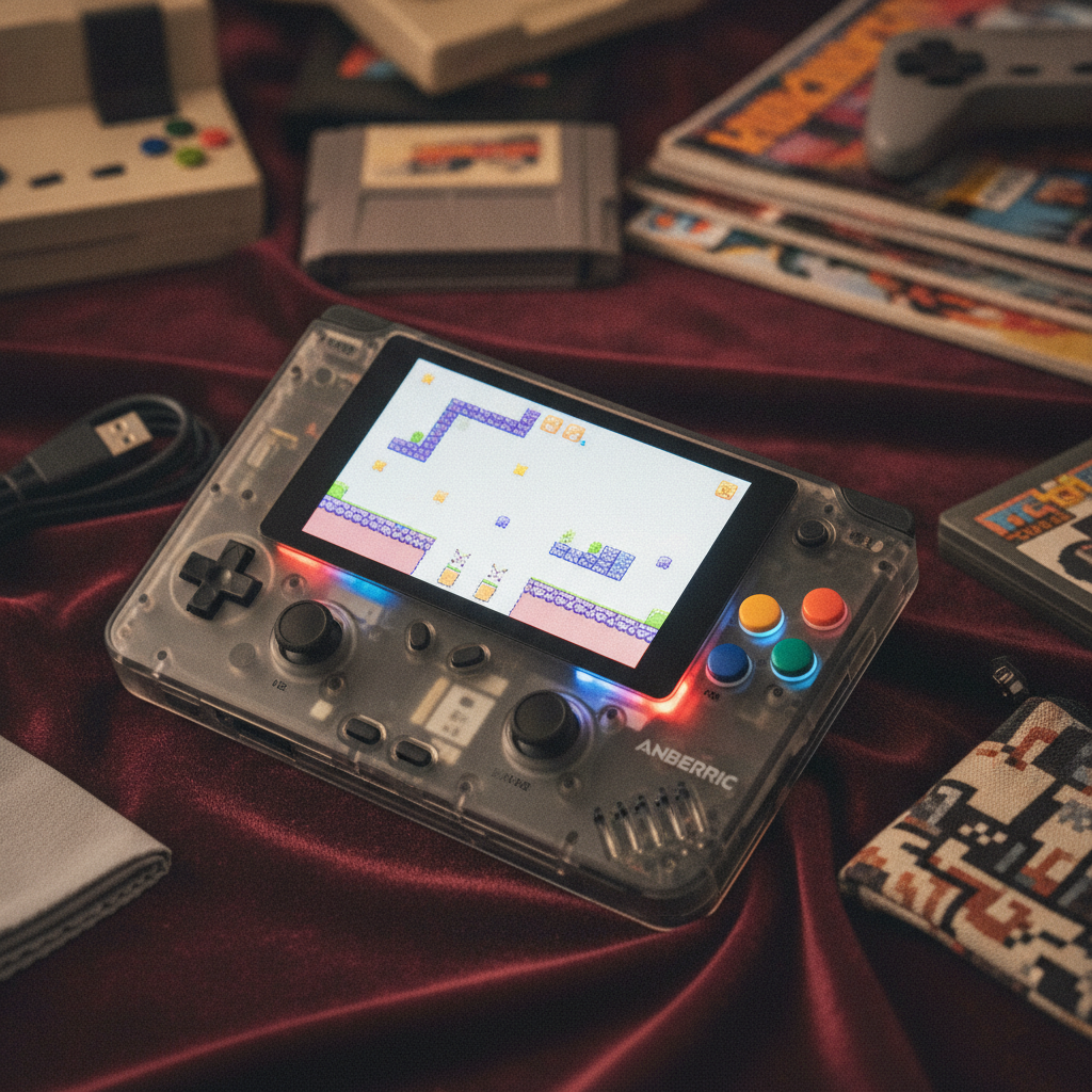 A sleek, modern portable gaming device, likely the Anbernic RG SP, held in hands with a game on its screen.