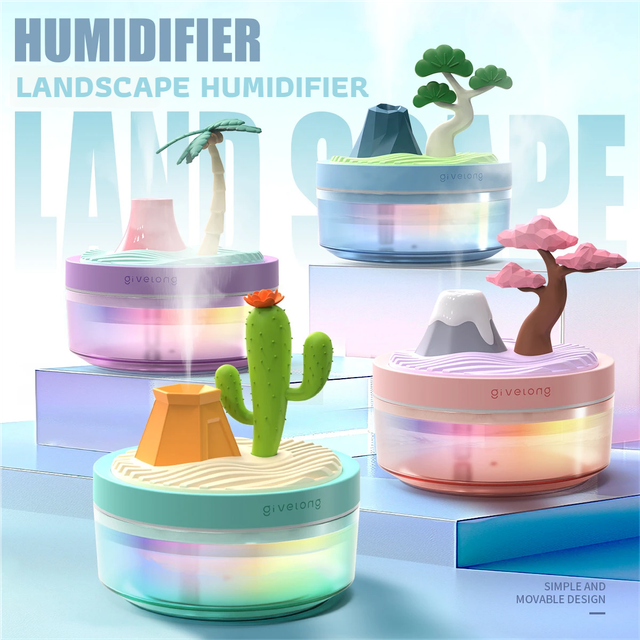 Cherry Blossom Pink USB Portable Bionic Landscape Humidifier and Creative Potted Plant Air Diffuser - 7-Color Night Light & 2-Mode Mist Timer