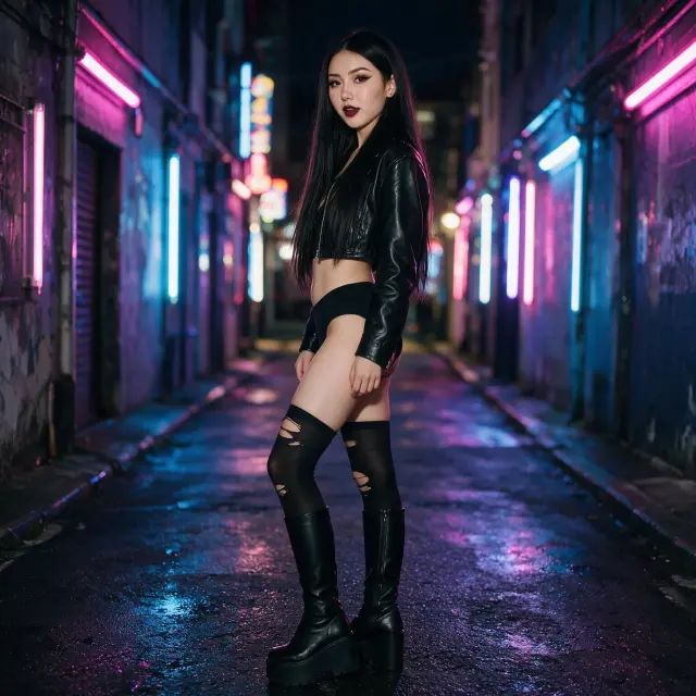 A girl with long hair, wearing a cropped black leather jacket, black cheeky bottoms, ripped thigh-high stockings, and tall black platform boots, standing in a nightlife alley with neon lights, looking playful and energetic, three-quarter view