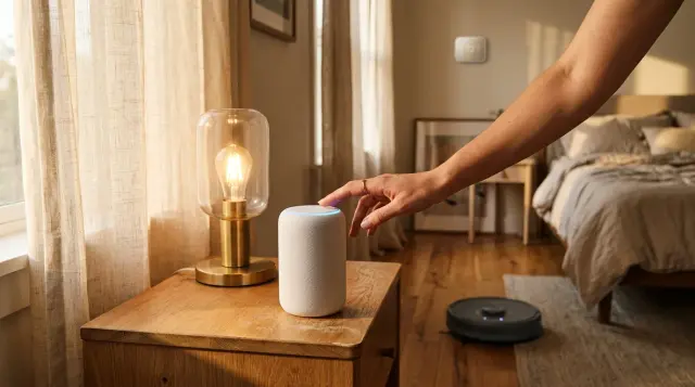 Hand reaching toward smart speaker on nightstand in warm modern bedroom