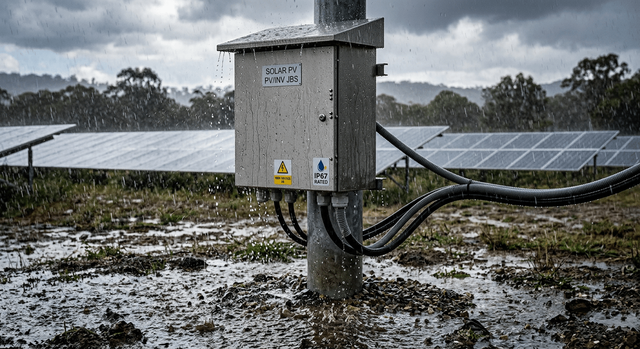 Componente esterno di un impianto fotovoltaico con certificazione IP67 resistente alla pioggia.