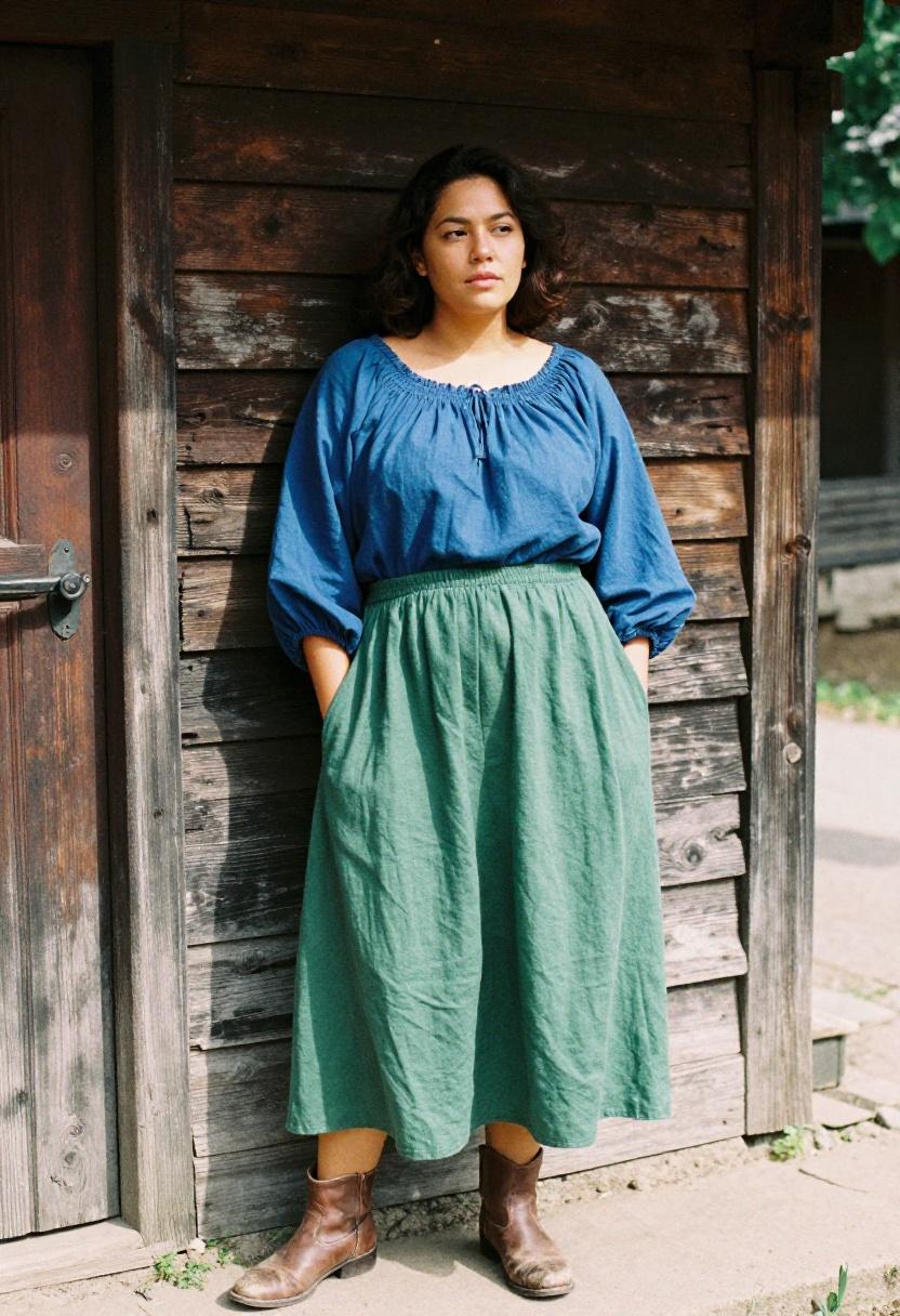 Cobalt blue peasant blouse and sage linen skirt in a rustic cabin setting