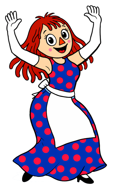 Raggedy Ann (wearing a long sleeveless blue dress with red polkadots, light blue band around the waist, and a white apron, white long gloves)