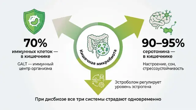 Схема: кишечная микробиота управляет иммунитетом (70%), серотонином (90–95%) и гормональным балансом