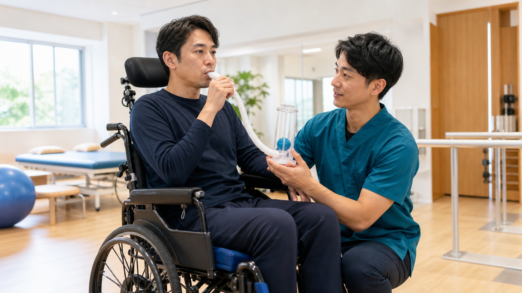 車椅子に座り専門職の指導で呼吸筋トレーニングを行う場面