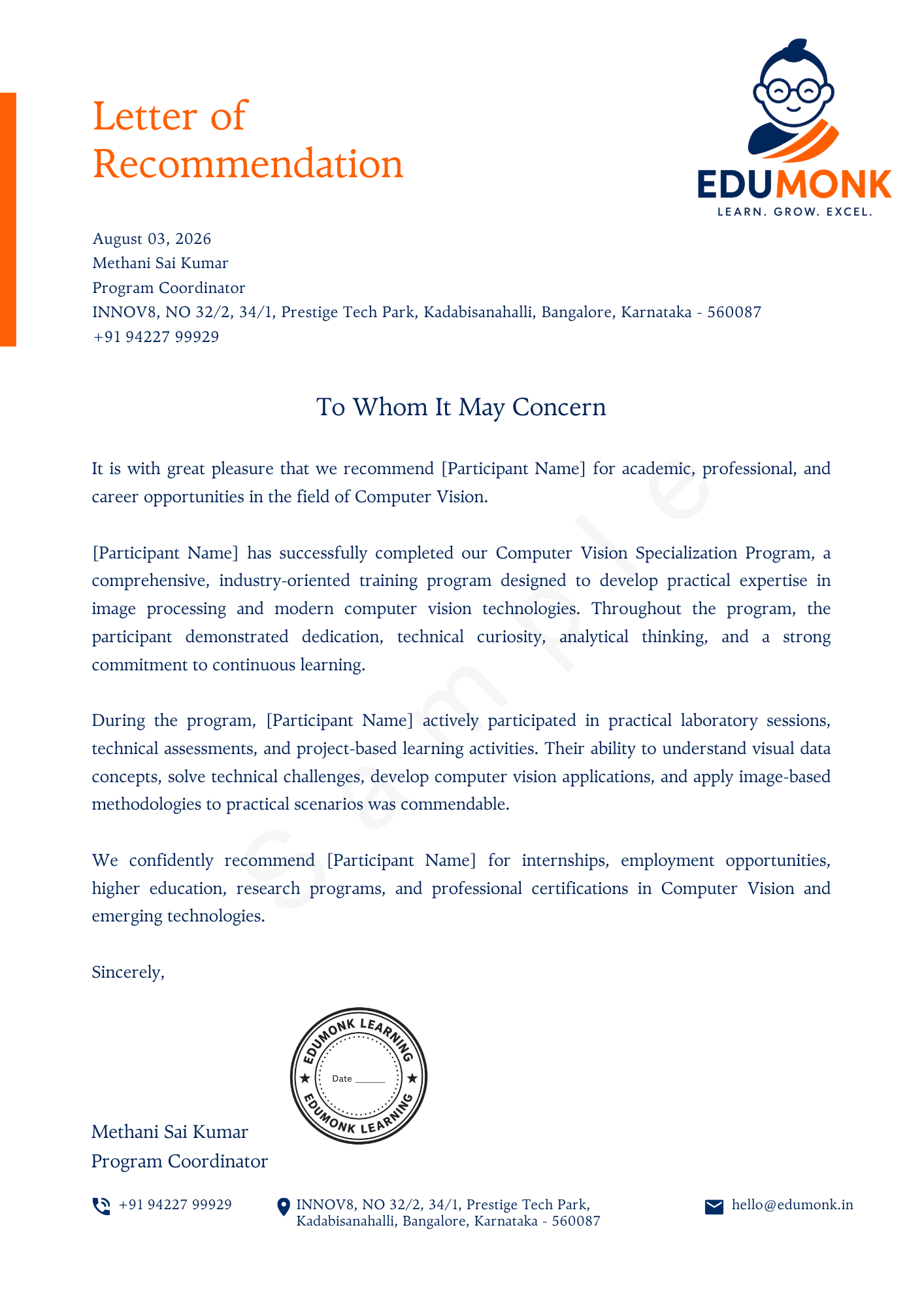 Sample EduMonk Letter of Recommendation for the Computer Vision Certificate of Specialisation