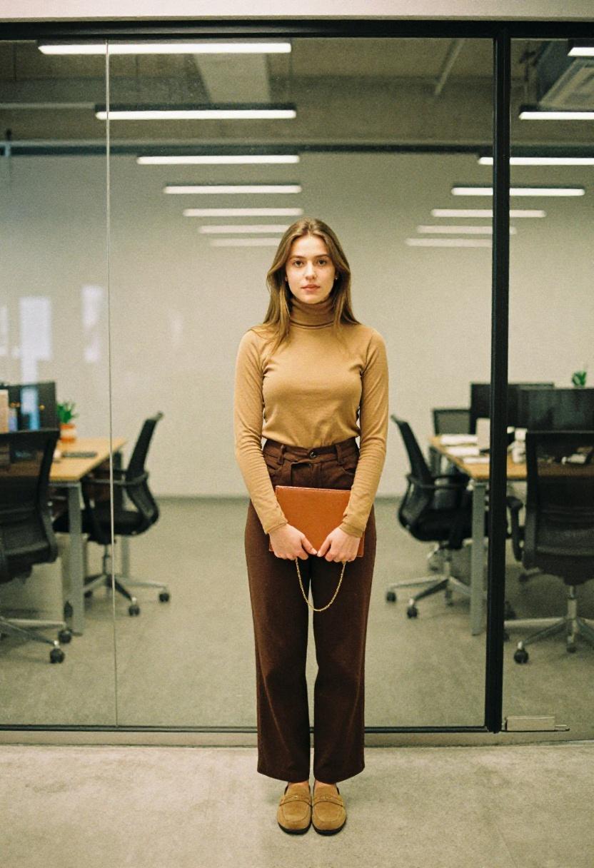 Camel turtleneck tucked into chocolate wide-leg trousers for monochromatic earth-tone corporate style