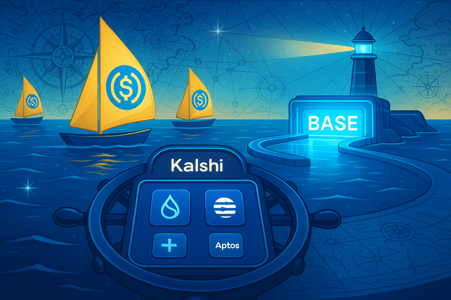 Illustration of Kalshi platform integrating USDC deposits on the Base blockchain