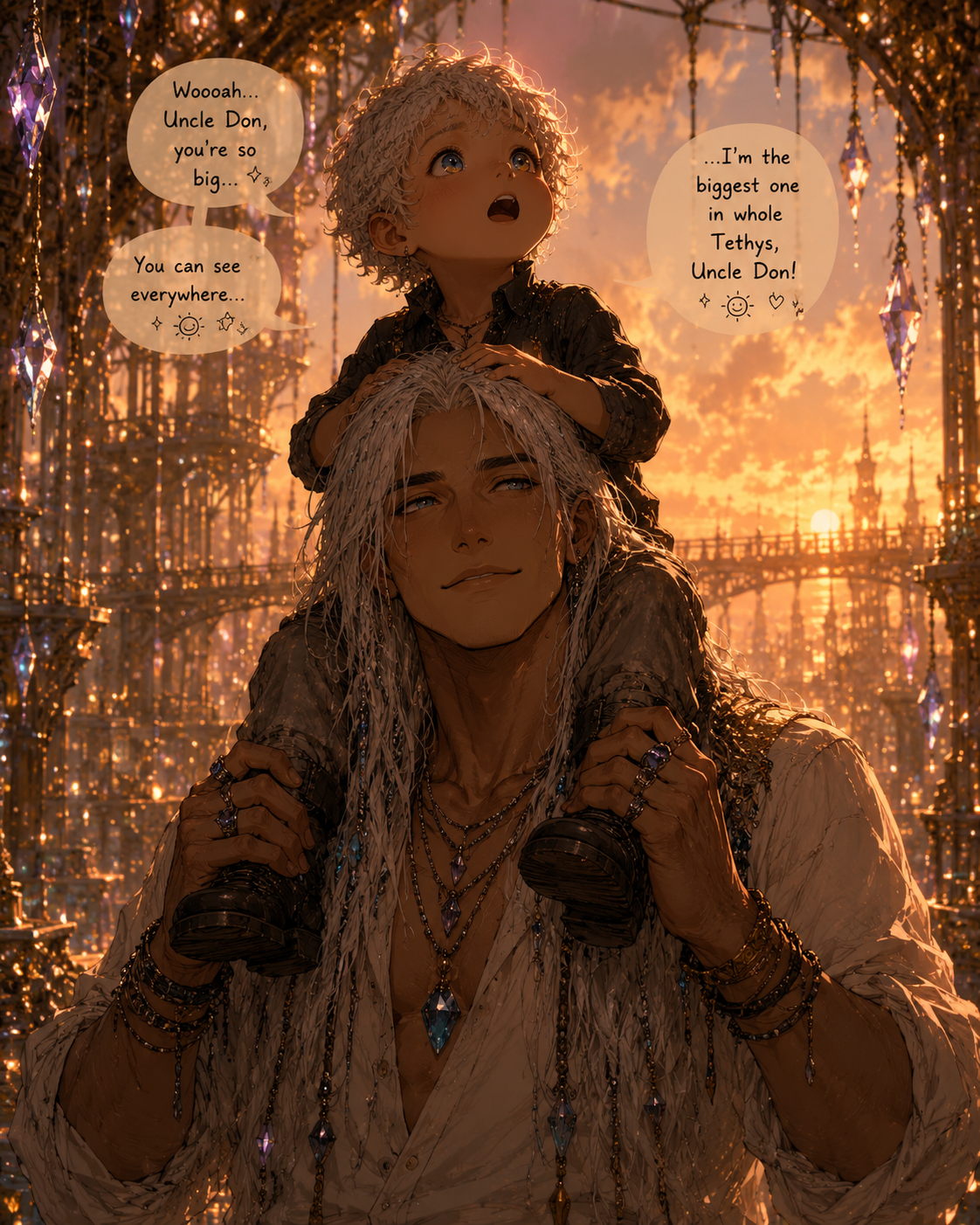 Kiun sitting on Landon's shoulders in warm light.