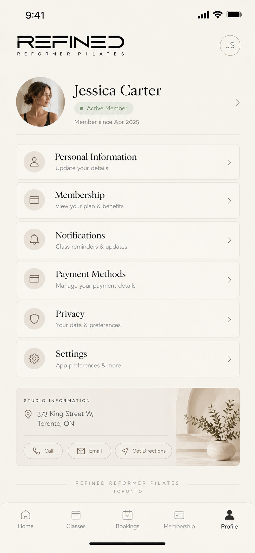 Profile screen with member details and studio information