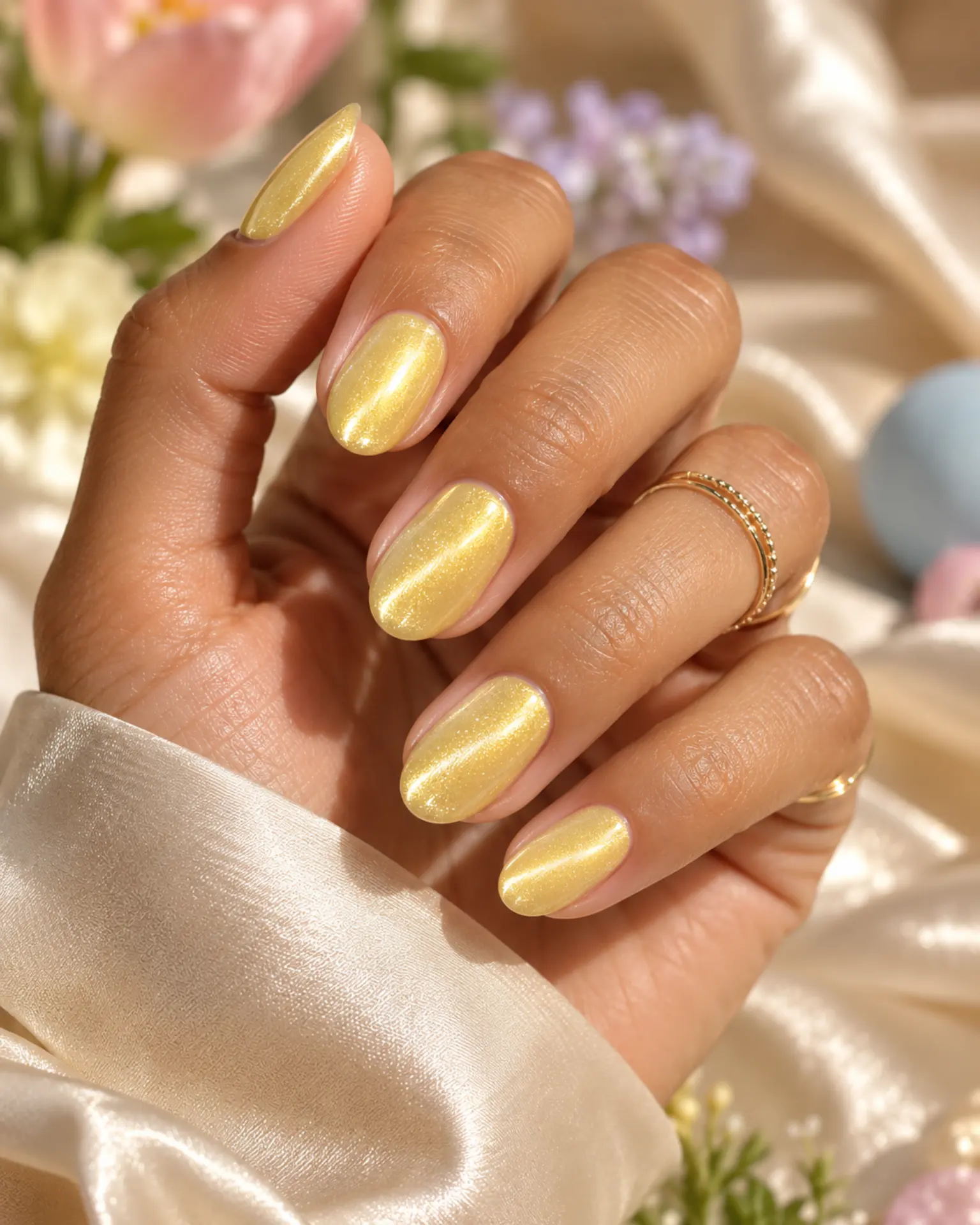 Butter Yellow Velvet Cat-Eye manicure inspiration for Easter nail ideas