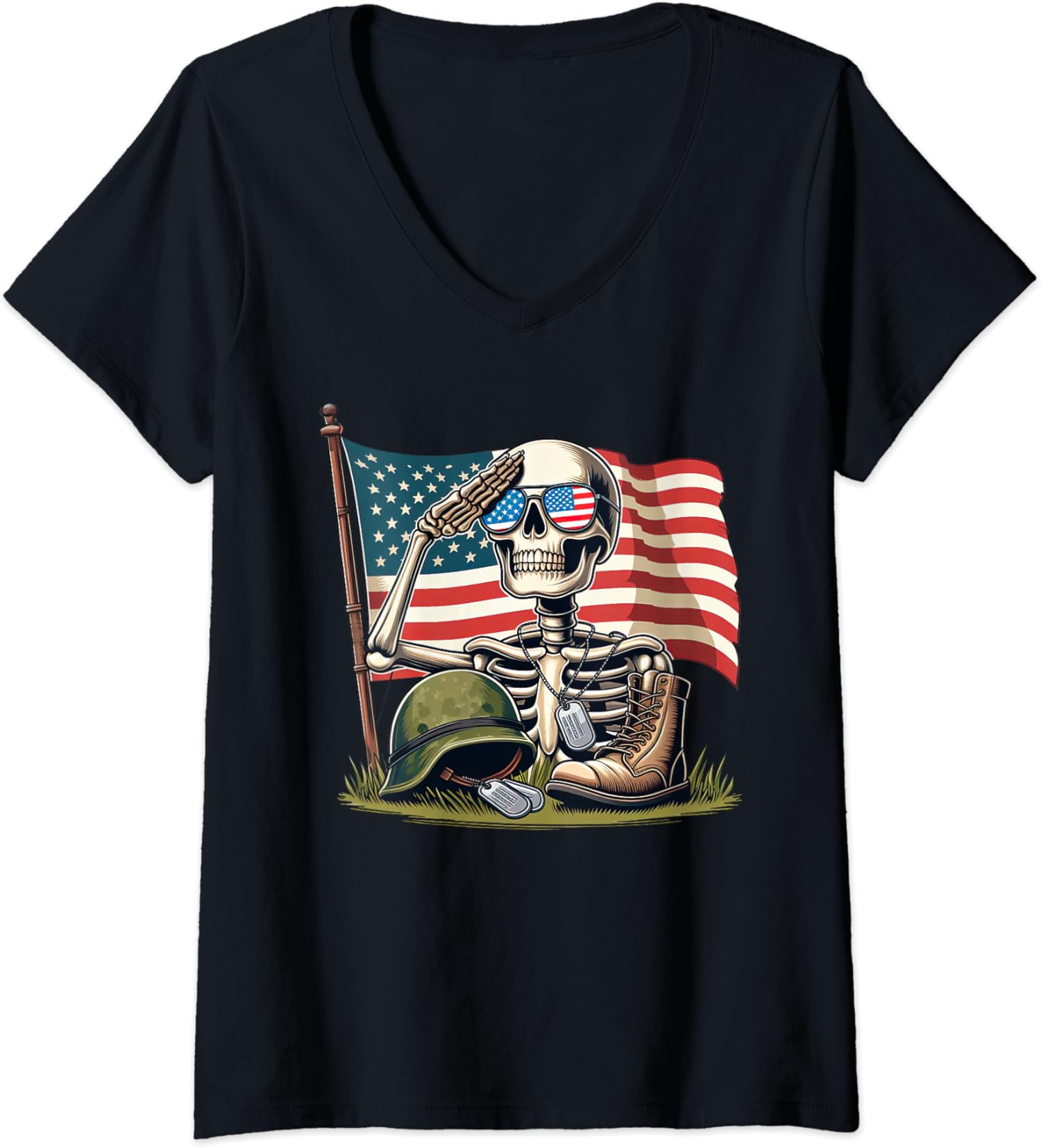 Salute Skeleton American USA Flag Memorial Day 4th Ladies’ V-Neck Tshirt