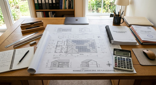 An organized desk with blueprints of a house with solar panels.