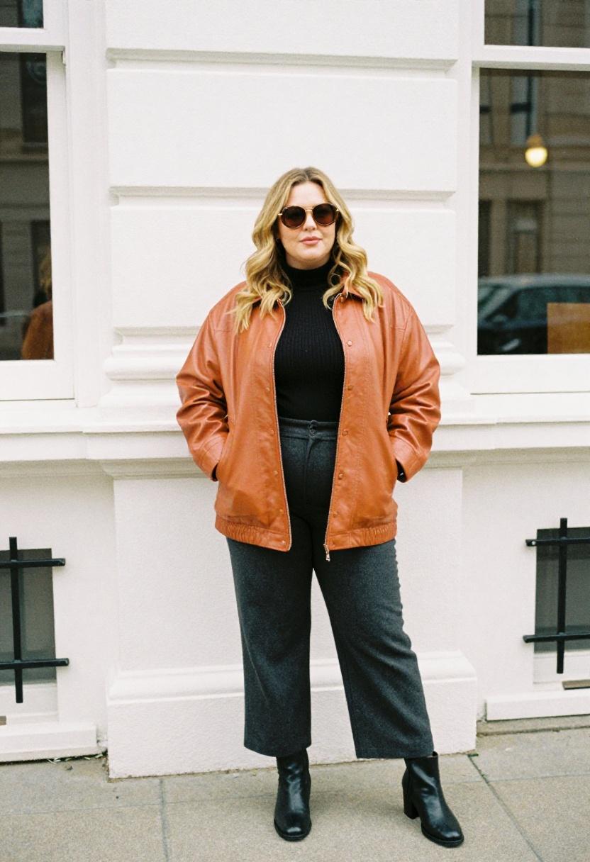 Plus size woman in burnt orange oversized leather jacket with tailored wide-leg trousers on urban street