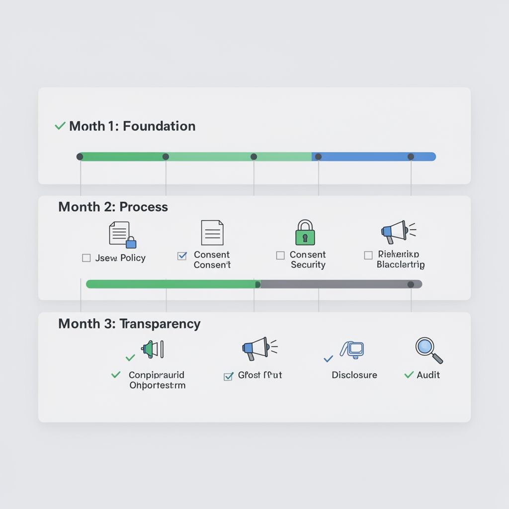 Visual 90-day implementation checklist for ethical AI voice cloning in podcasting