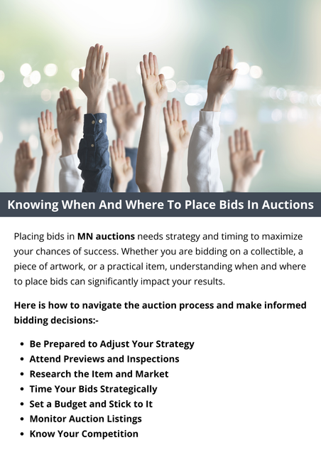 Placing bids in MN auctions requires strategy and timing to maximize your chances of success. By conducting thorough research, setting a budget, monitoring auction listings, understanding your competition, timing your bids strategically, and using proxy bidding wisely, you can increase your chances of success and secure desirable items at auction. With practice and experience, you'll become more confident and adept at navigating the auction process and making informed bidding decisions. To know more visit here https://www.auctionmasters.com/