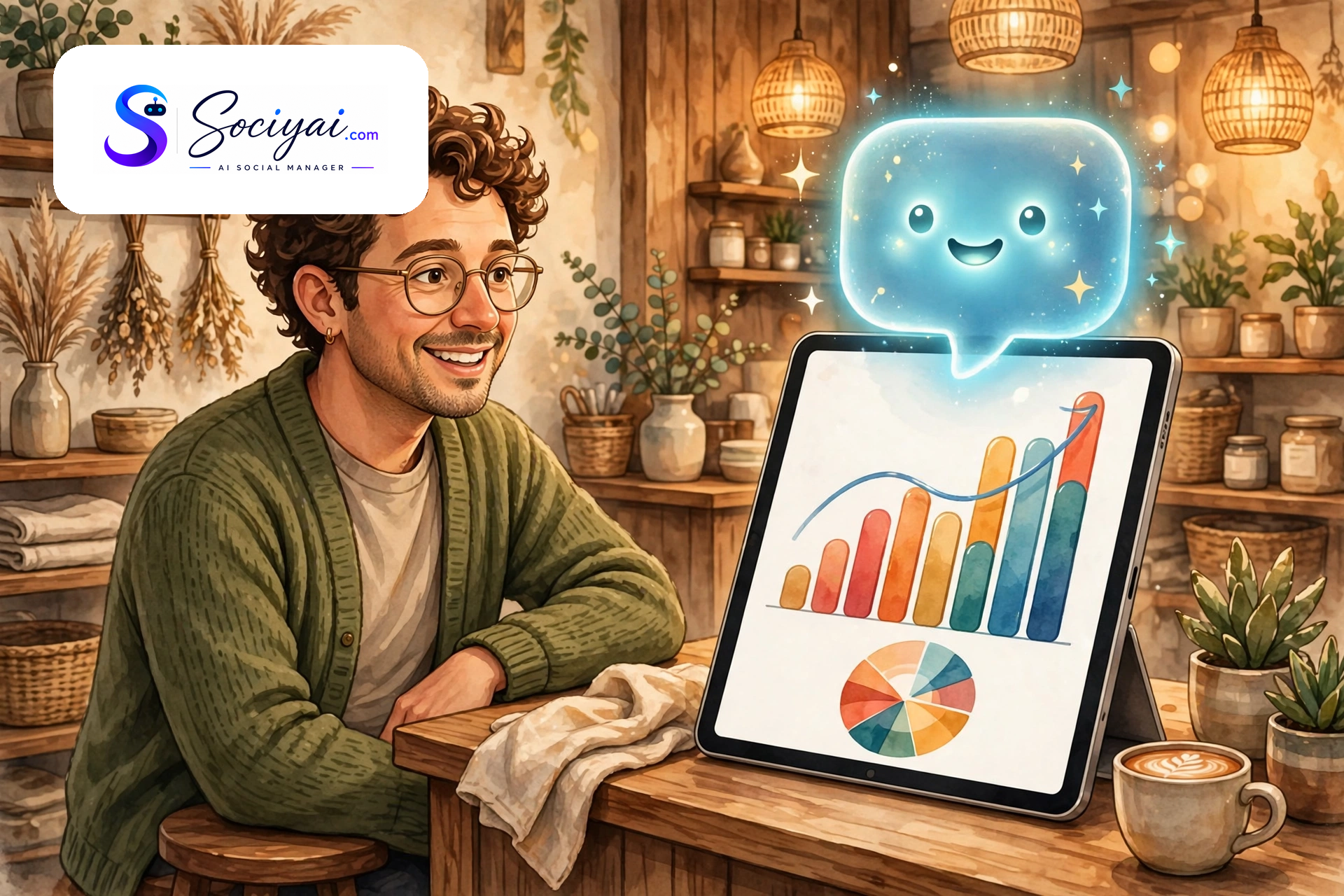Illustration of a small shop owner chatting with a friendly AI assistant about social media analytics charts on a tablet