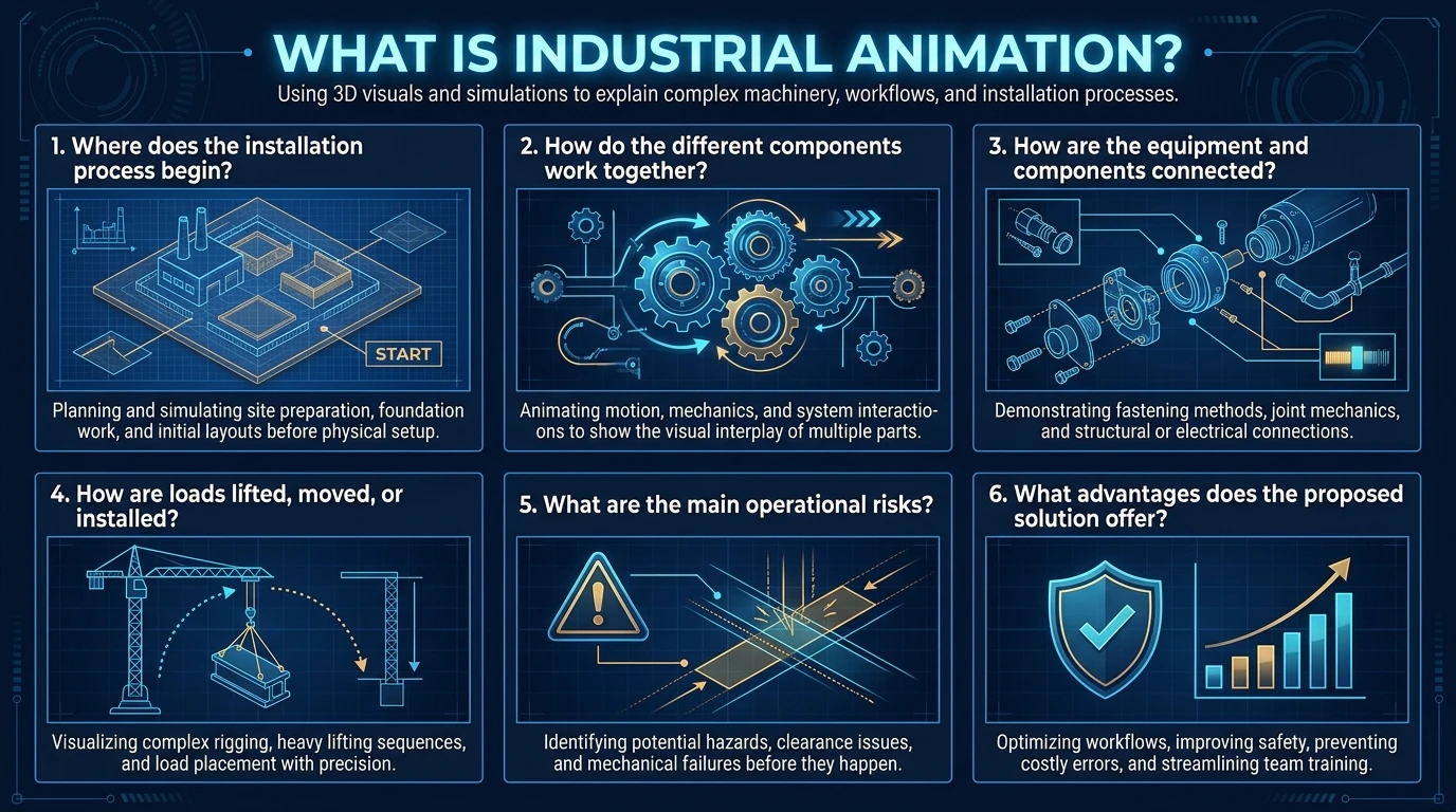 What is industrial animation: installation sequence, component interaction, connections, lifting, operational risks and solution advantages
