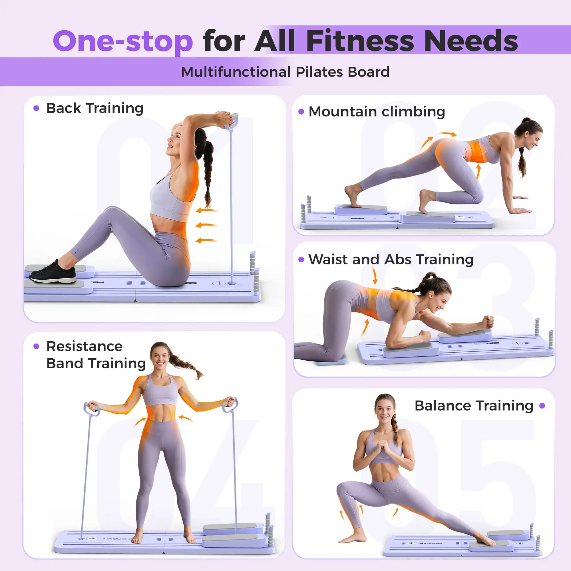 FED 5 in 1 Folding Pilates Board, Pilates Reformer Set with 300 LBS Weight Capacity, Portable Home Pilates for Woman (Purple) view 2