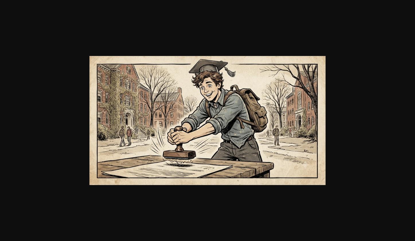 a bright-eyed young college graduate with a casual half-tucked shirt, a backpack slung over one shoulder, and an easy grin, triumphantly stamping down a large rubber stamp with both hands, body leaning into the motion