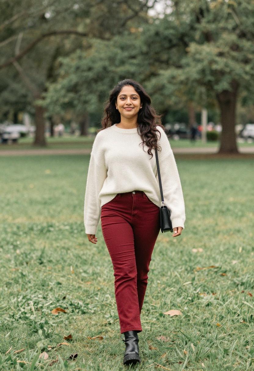 Cherry red straight-leg jeans with black square toe platform boots for a bold spring park stroll