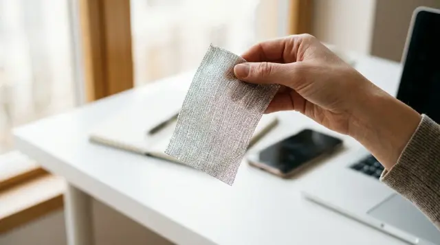 Hand examining silver-threaded EMF-blocking fabric near wireless devices on a desk