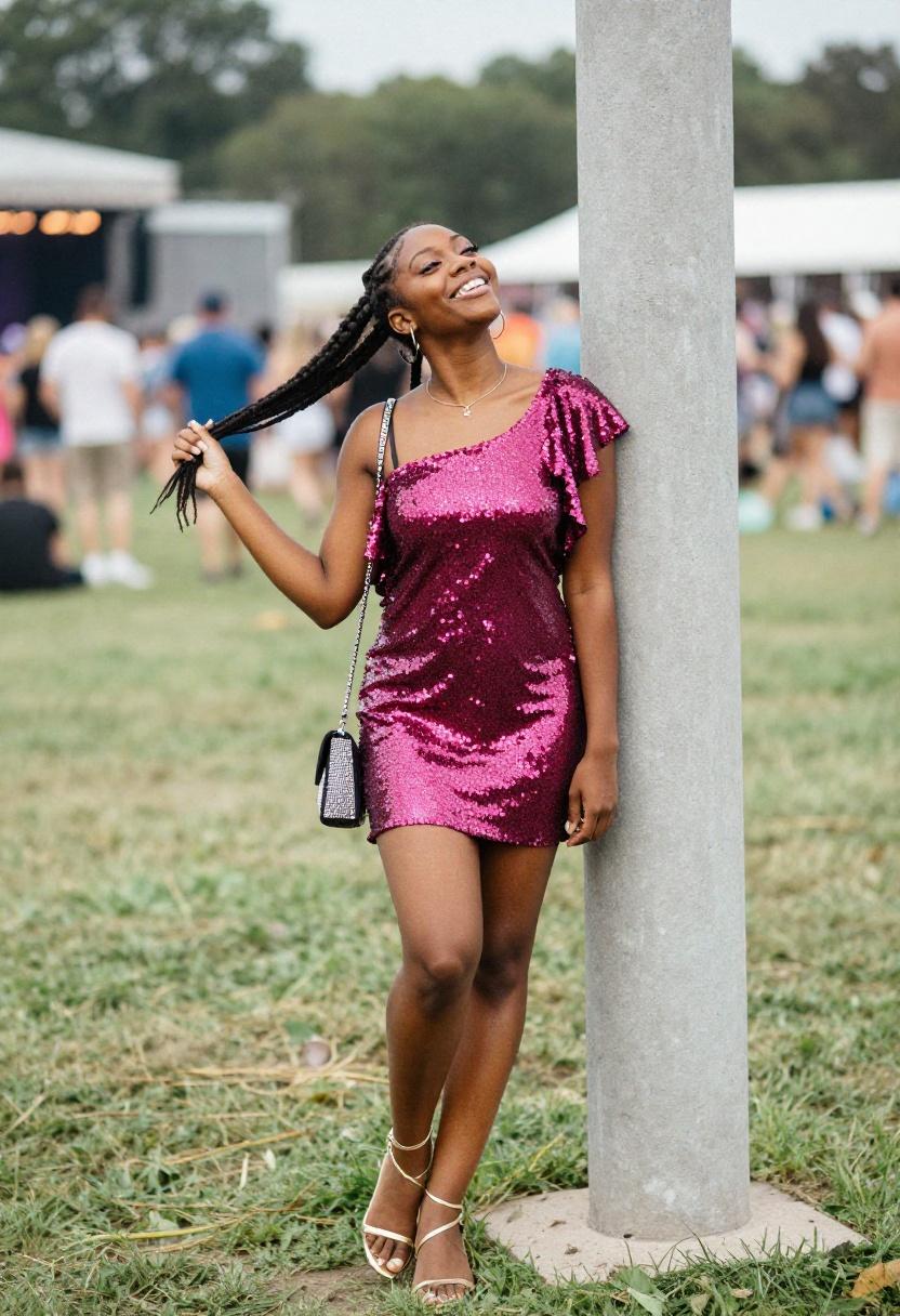 A sequined magenta mini dress with gold sandals bringing full Eras Tour sparkle to an outdoor concert
