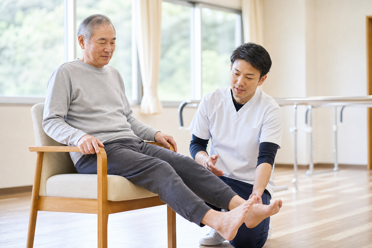脳卒中後に療法士と足関節運動を確認する場面