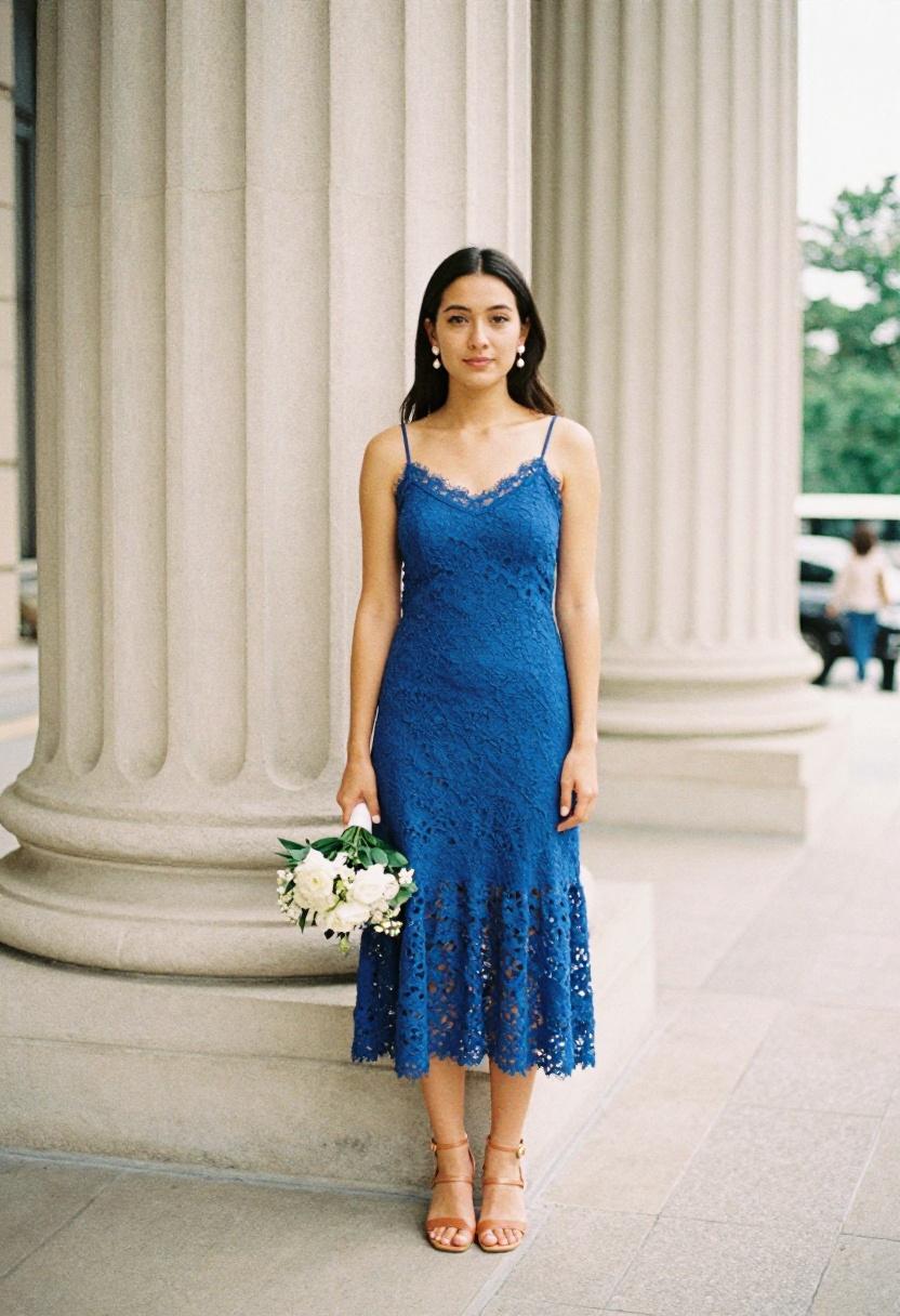 Cobalt blue lace midi dress city hall elopement classic civic architecture