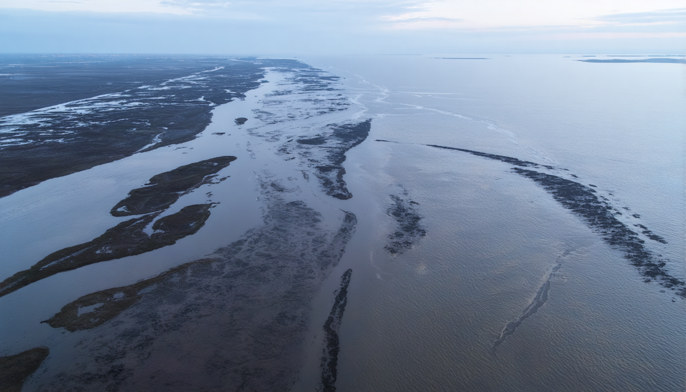 A wide river delta spreading into an estuary at dusk, with no boats or people visible, just branching water channels dissolving into a grey sea.