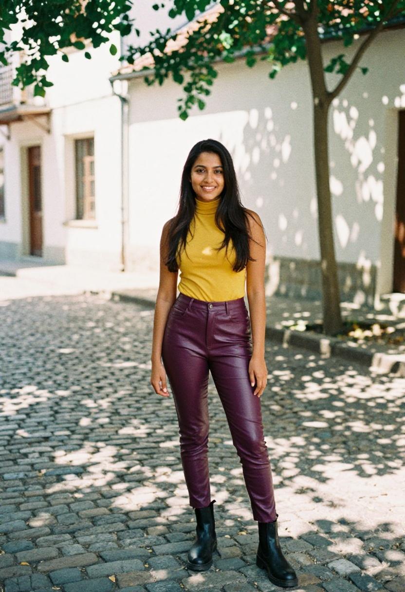 Deep plum faux leather skinny pants with a mustard turtleneck for a vibrant color-blocked street style