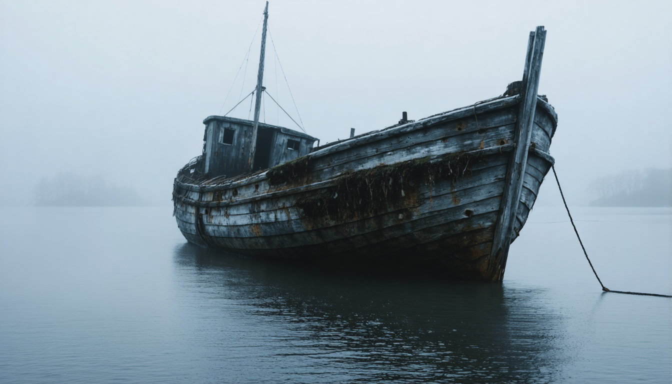 A rotting ship nobody will admit they stole, photographed as though decay were an aesthetic choice.