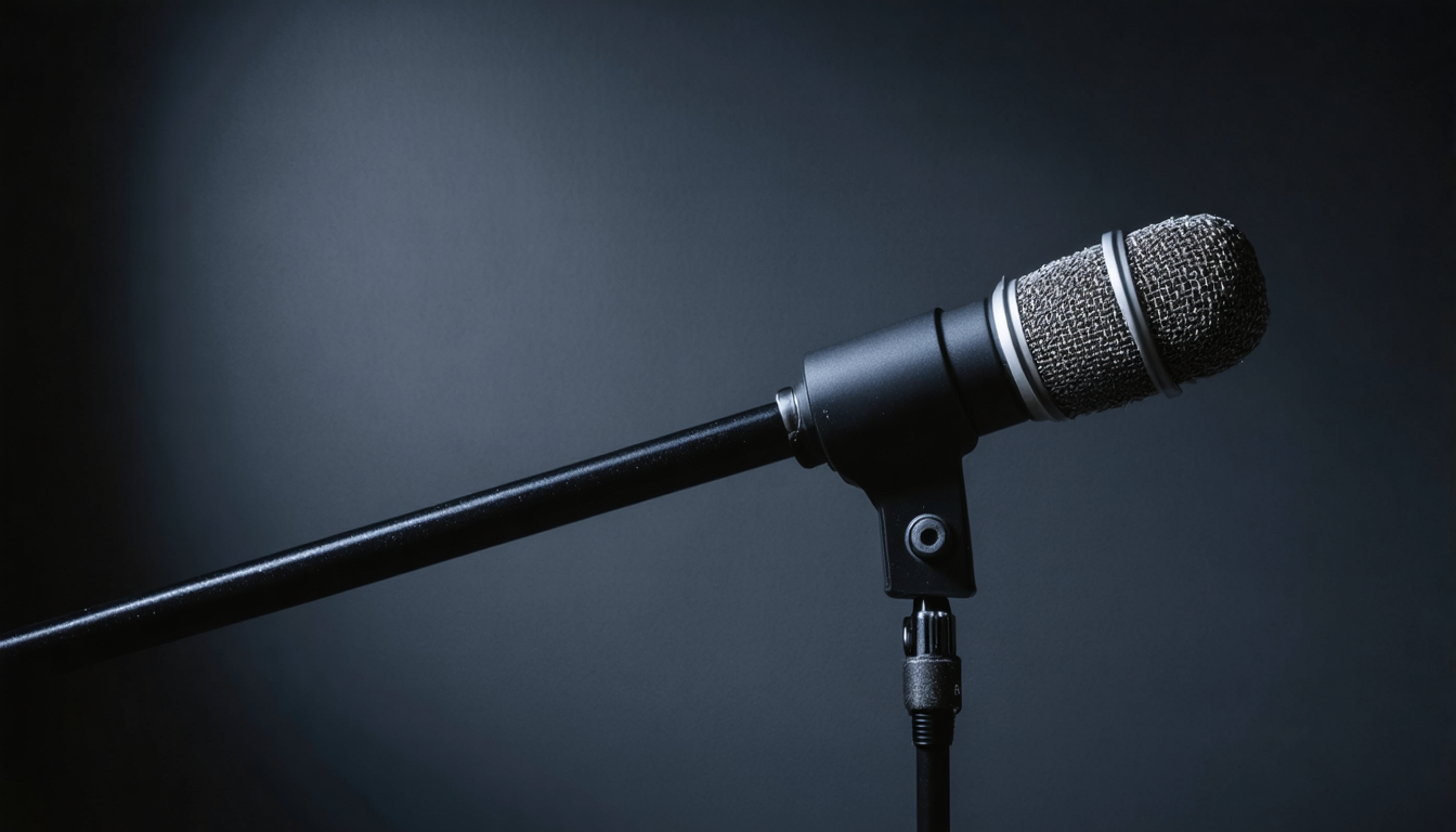 A lone microphone lit from one side against a dark studio backdrop, its foam shield catching a warm rim of light while everything else falls into shadow.