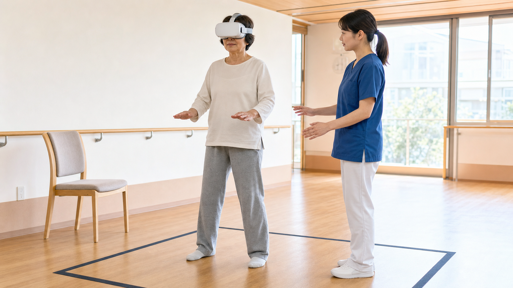 パーキンソン病の方が安全設備のある環境でVRヘッドセットを使う様子