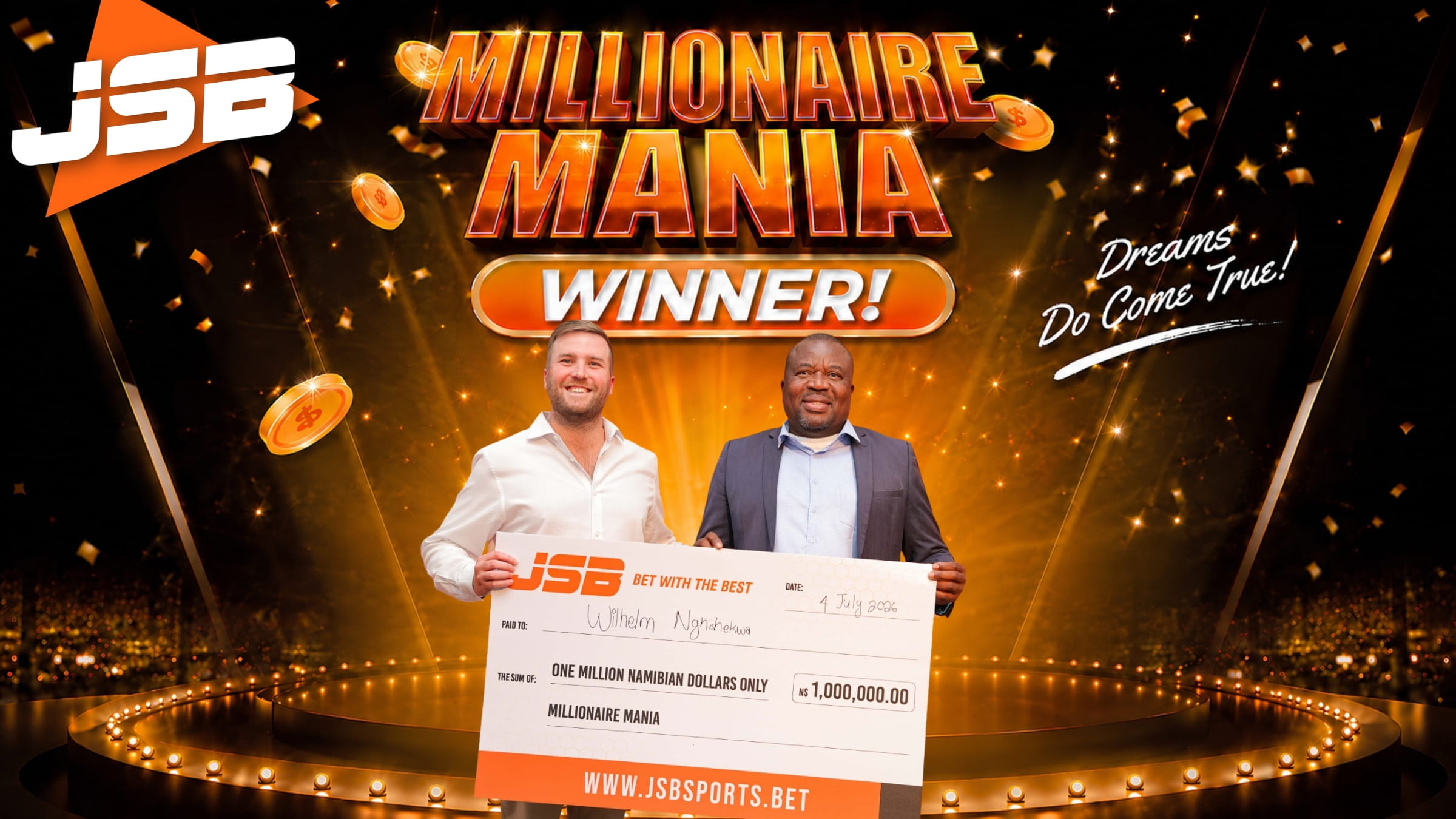 Promotional graphic for the JSB Millionaire Mania live finale event