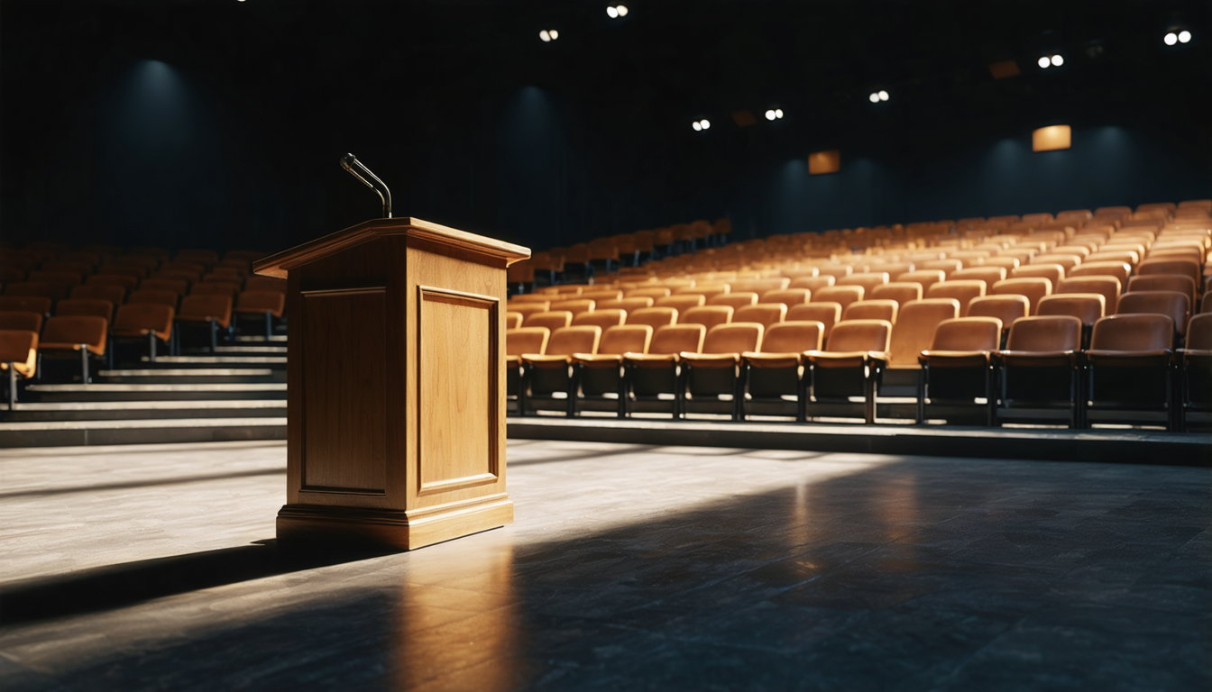 A spotlit lectern bravely confronting the existential terror of an entirely empty room.