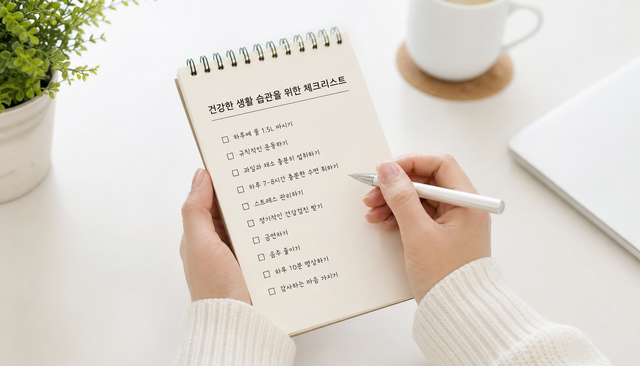 건강한 생활 습관 체크리스트를 들고 있는 손